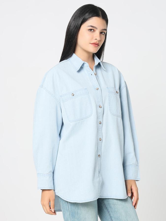 R&B Women Light Blue Wash Oversized Denim Shirt