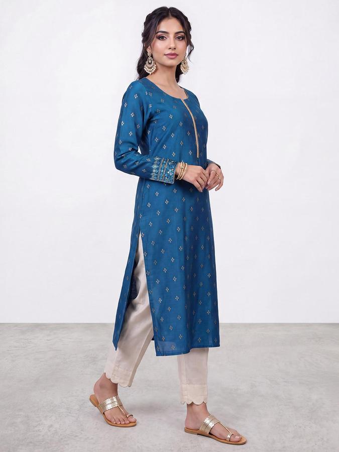 R&B Women Blue Ethnic Motifs Print  Round Neck Long Sleeves Straight Kurta