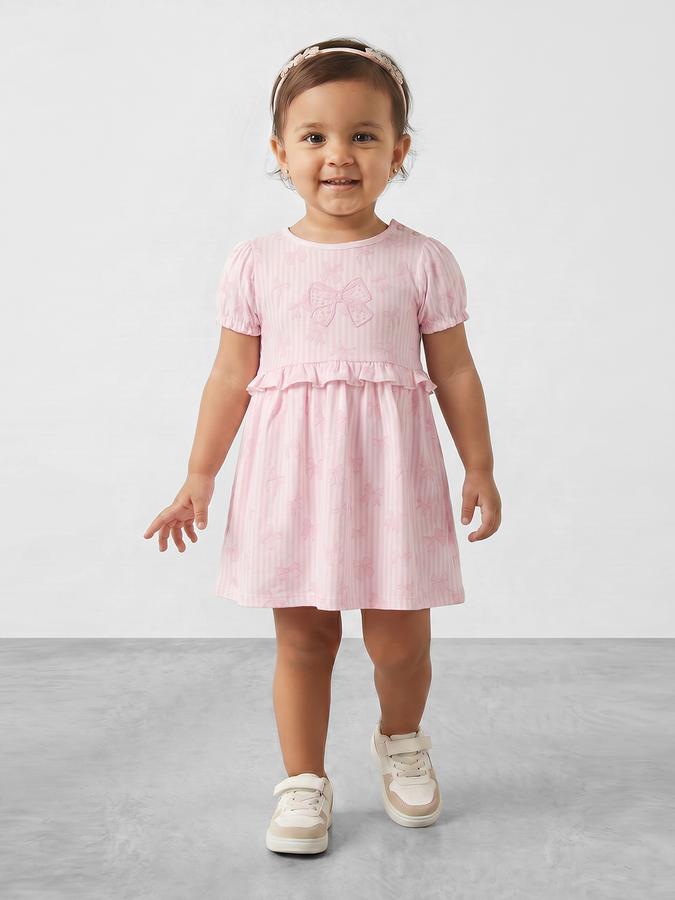 R&B Girl Pink Bow Print Pure Cotton Puff Sleeves Fit and Flare Dress