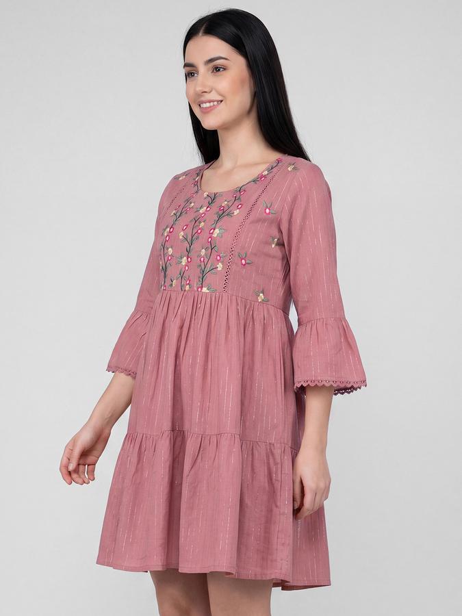 R&B Pink Embroidered Round Neck Three-Quarter Sleeves Fit and Flare Women Mini Dress