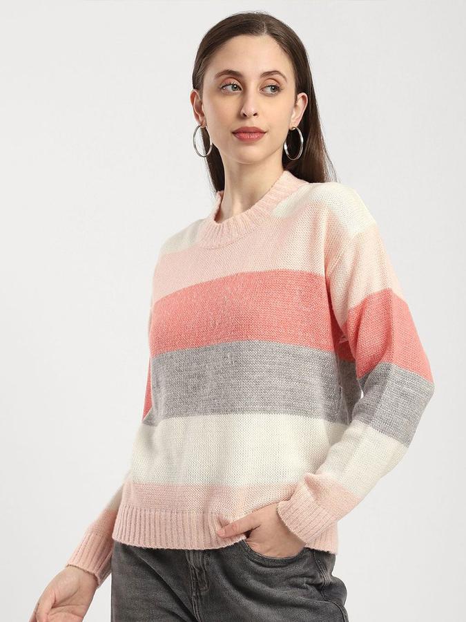R&B Women Pink Round Neck Striped Long Sleeves Sweater