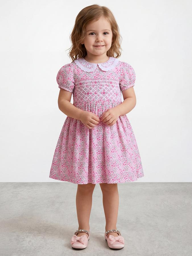 R&B Girl Pink Floral Print Pure Cotton Puff Sleeves Fit and Flare Dress