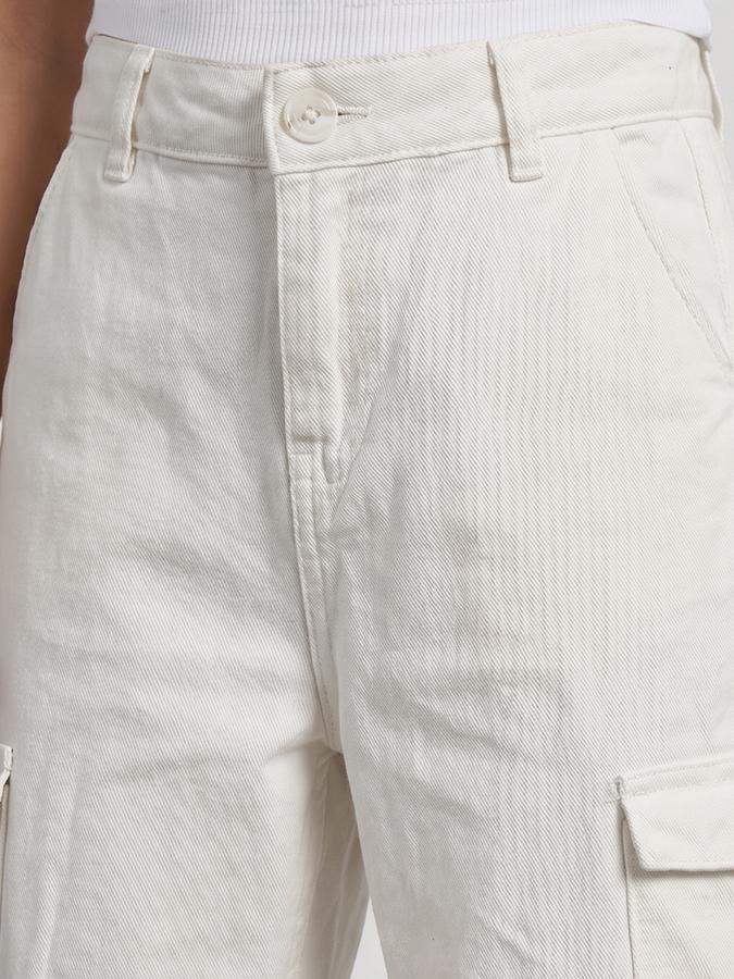 R&B Girls Cream Wide Leg Solid Mid-Rise Cotton Trouser
