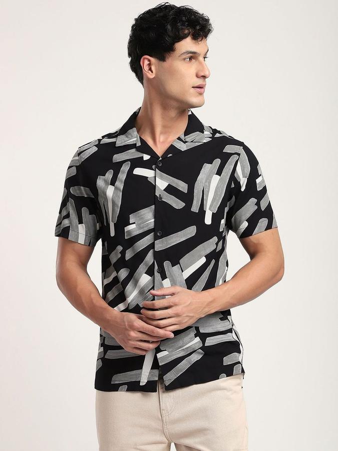 R&B Men Black Graphic Print Half Sleeves Cuban Collar Relaxed Fit Shirt
