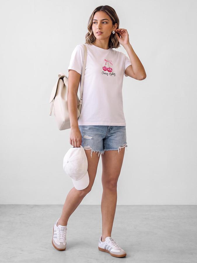 R&B Women White Cherry Print Short Sleeves Round Neck Pure Cotton T-Shirt