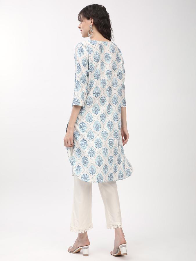 Women's regular fit casual white floral printed kurta with placket and 3/4th sleeves image number 2