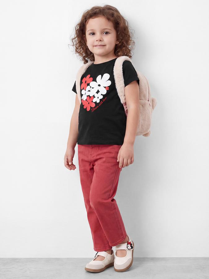 R&B Girls Black Floral Print  Short Sleeves Pure Cotton T-shirt