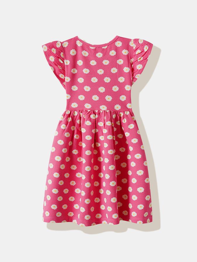 Girls Cotton Regular Fit Round Neck Ruffled Dress