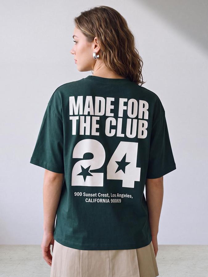 R&B Women Dark Green Typography Pure Cotton Round Neck Short Sleeves T-Shirt
