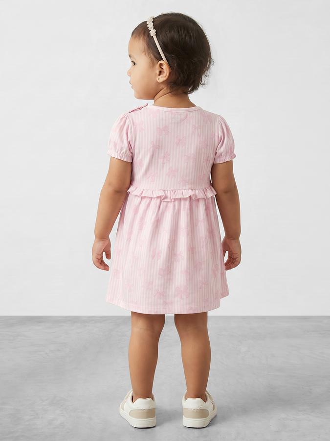 R&B Girl Pink Bow Print Pure Cotton Puff Sleeves Fit and Flare Dress