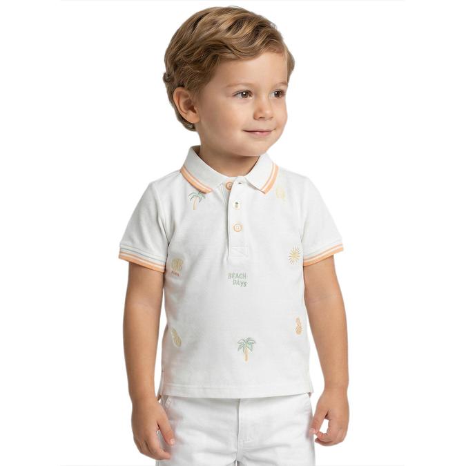 R&B Boy White Cotton Printed Polo Collar T-Shirt