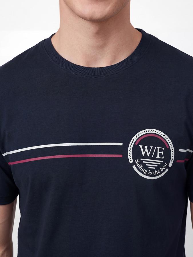 R&B Men's Navy Blue Short Sleeves Round Neck Graphic Print T-Shirt
