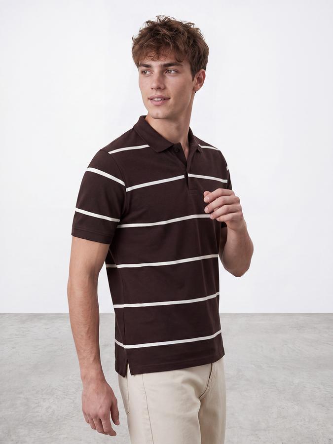 R&B Men's Brown Short sleeve Polo Neck Striped Pure Cotton T-Shirt