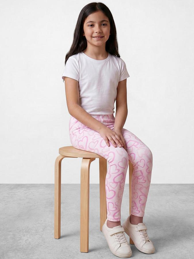 R&B Girl's White All Over Heart Printed Leggings