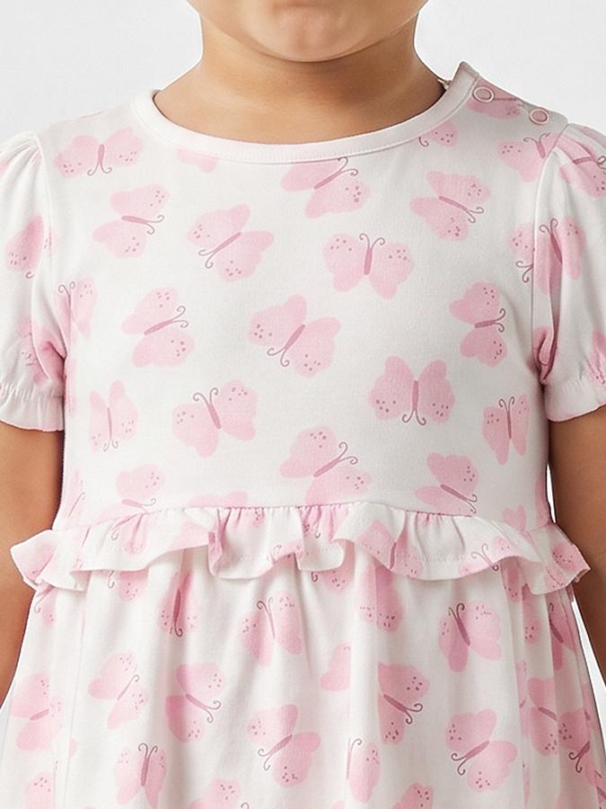 R&B Girl White Butterfly Print Pure Cotton Puff Sleeves Fit and Flare Dress