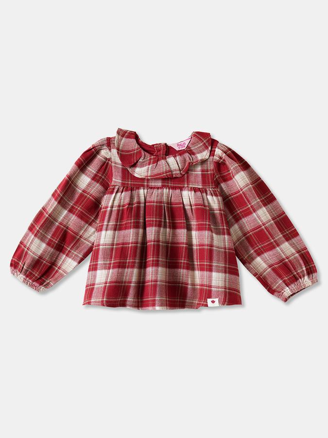 Girls Cotton Regular Fit Ruffled Collar Long Sleeve Plaid Top