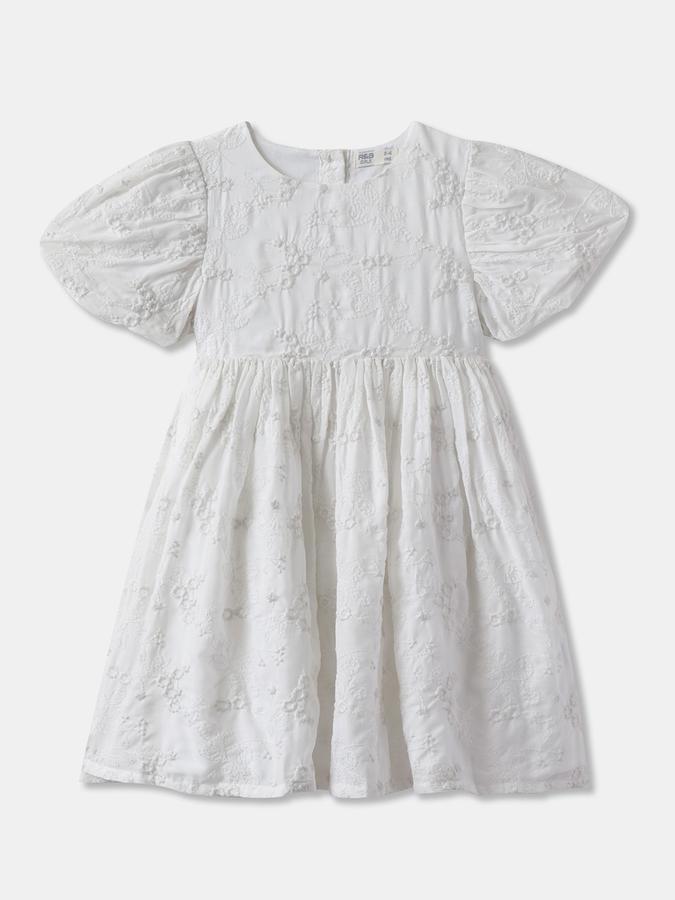 Girls Textured Puff Sleeve Round Neck Flared Dress
