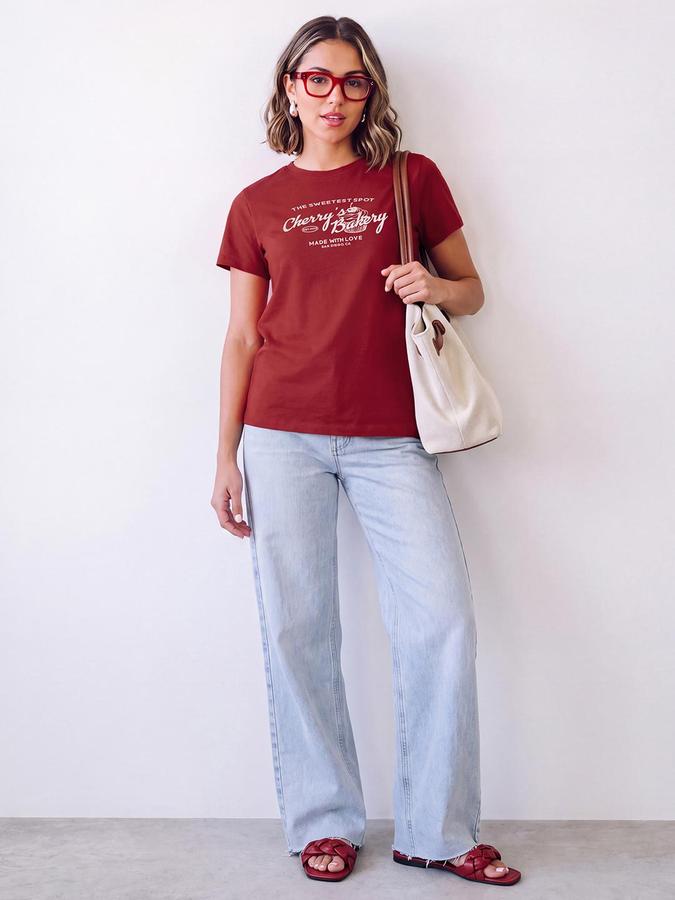 R&B Women Red Typography Printed  Short Sleeves Pure Cotton T-shirt