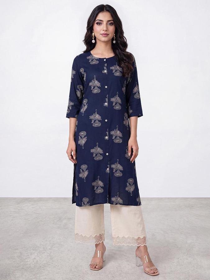 R&B Women Navy Blue Floral Print Mandarin Collar Three-Quarter Sleeves Straight Kurta