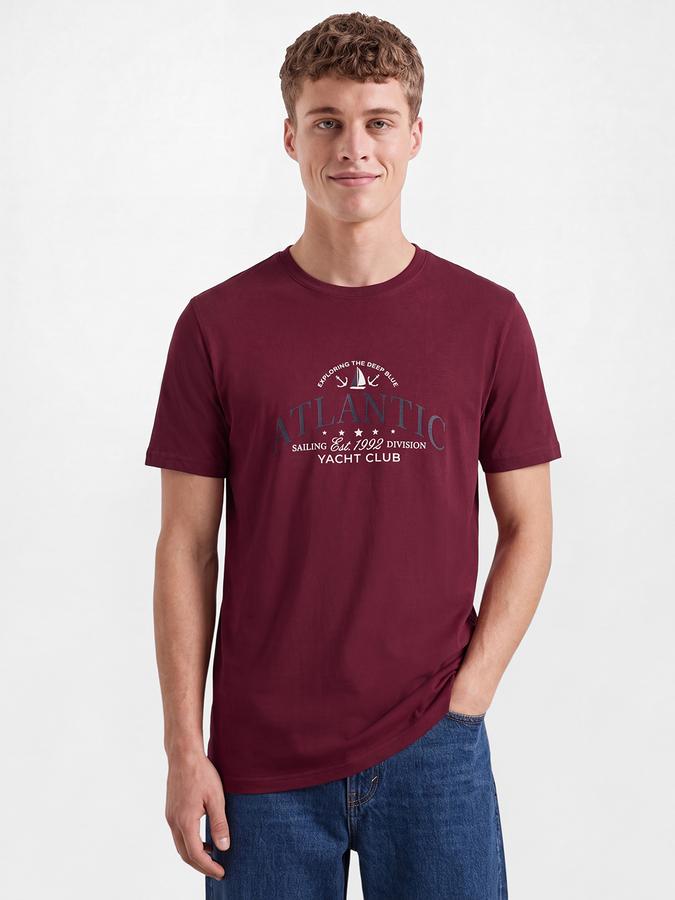 R&B Men Cherry Red Graphic Print Short Sleeves Pure Cotton Tshirt