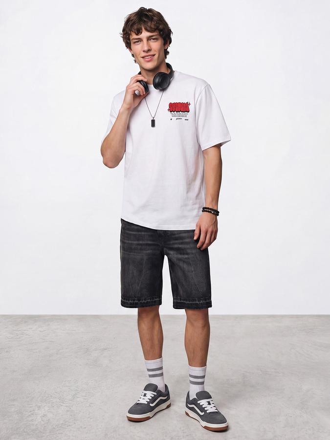 R&B Men White Short Sleeve Round Neck Typography Back Print T-Shirt