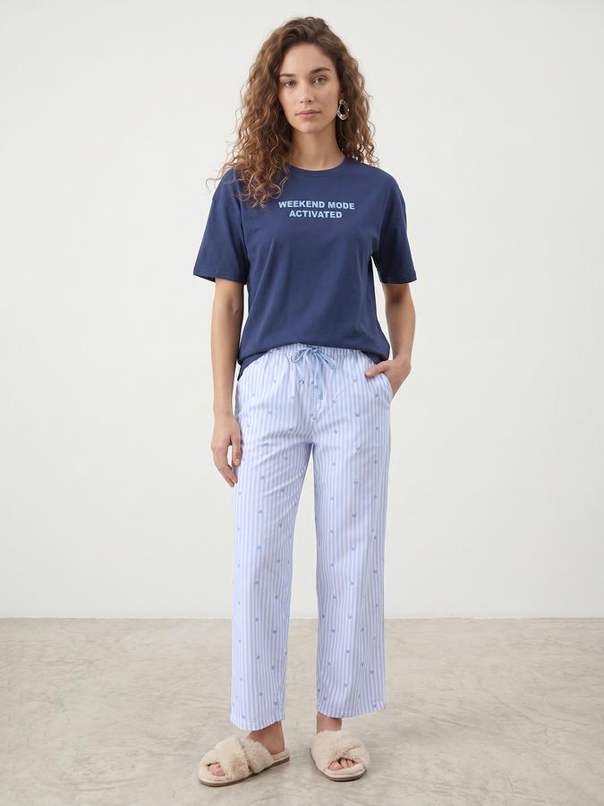 R&B Women's Blue Printed Pure Cotton T-Shirt & Pyjama Night Suit Set