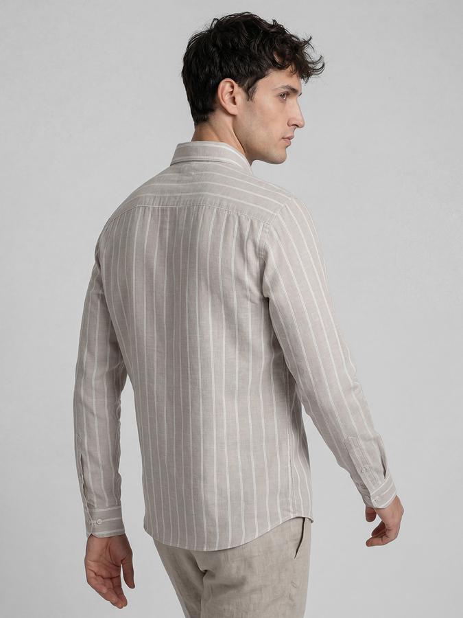 R&B Beige Striped Men Spread Collar Long Sleeves Shirt