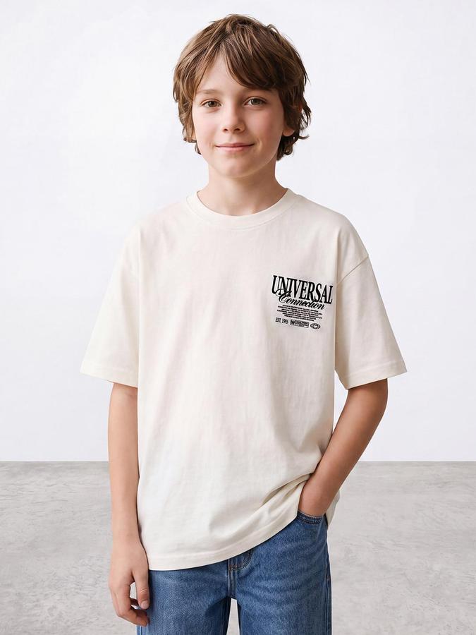 R&B Boys Ivory Short Sleeve Round Neck Graphic Back Print T-Shirt