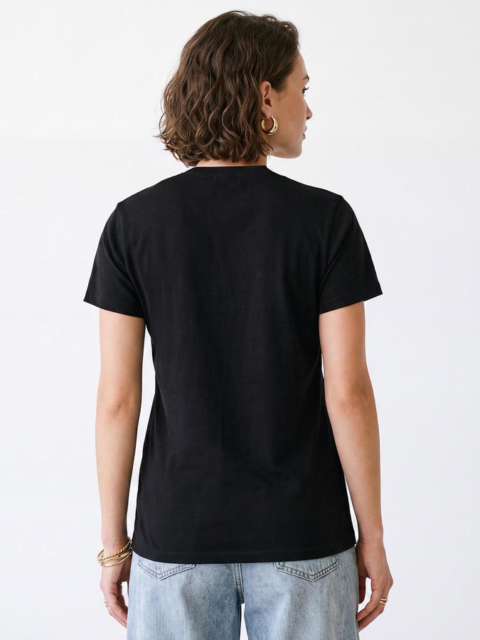 R&B Women Black Short Sleeve V Neck Solid T-Shirt