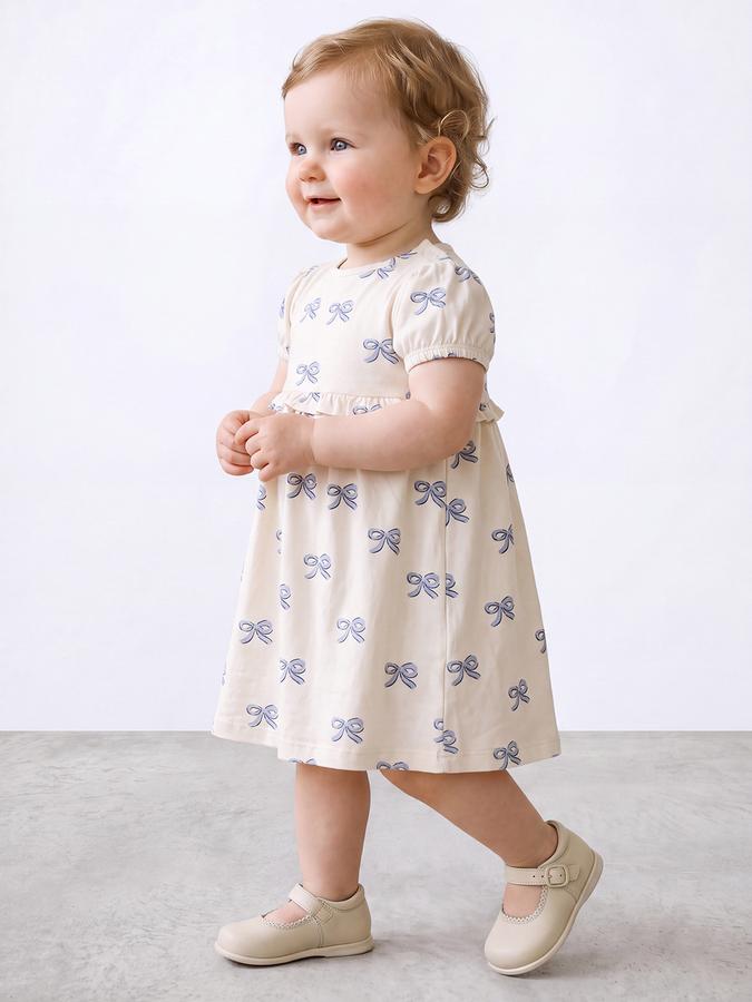 R&B Girl Beige Round Neck Printed Dress