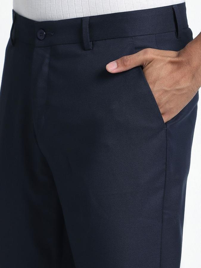R&B Men Navy Blue Solid Regular Fit Formal Trousers