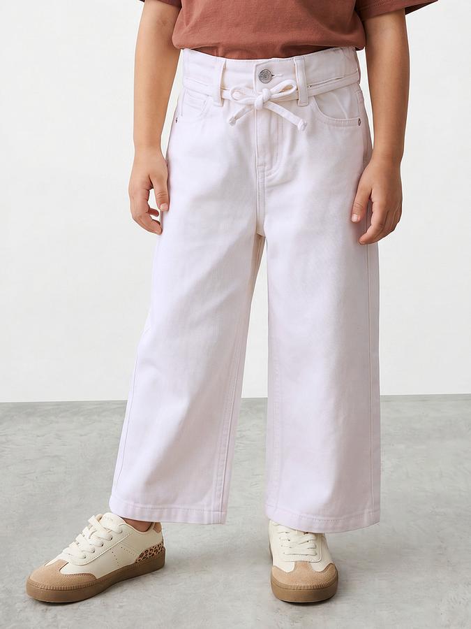 R&B Girls White Wide Leg Solid Mid-Rise Cotton Trouser