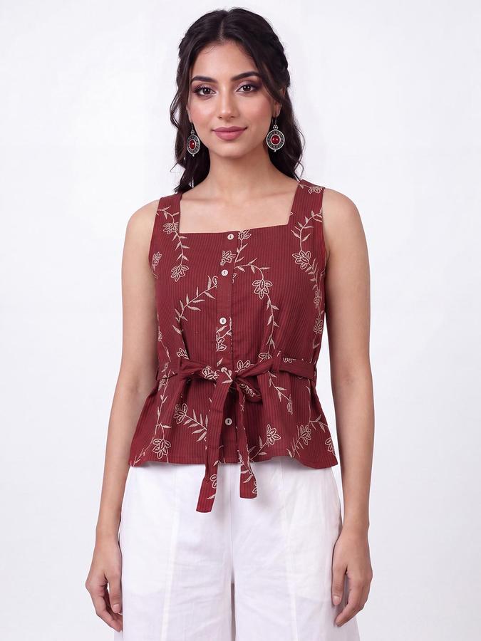 R&B Womens Maroon Square Neck Sleeveless Floral Embroidered Peplum Crop Top