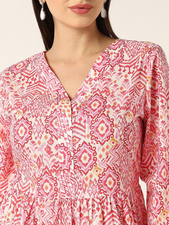 R&B Women Pink Geometric Long Sleeves V-Neck Midi Fit &amp; Flare Dress