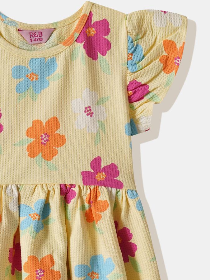 Girls Cotton Regular Fit Round Neck Ruffled Dress