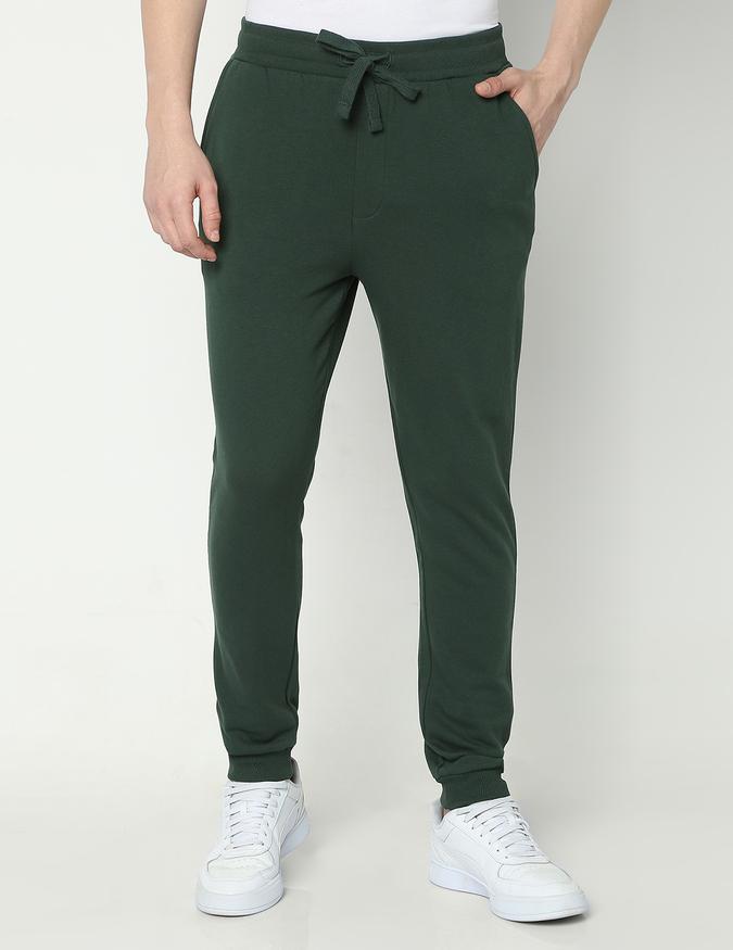 Men Cotton Slim Fit Elastic Waist Elasticated Cuff Solid Trousers