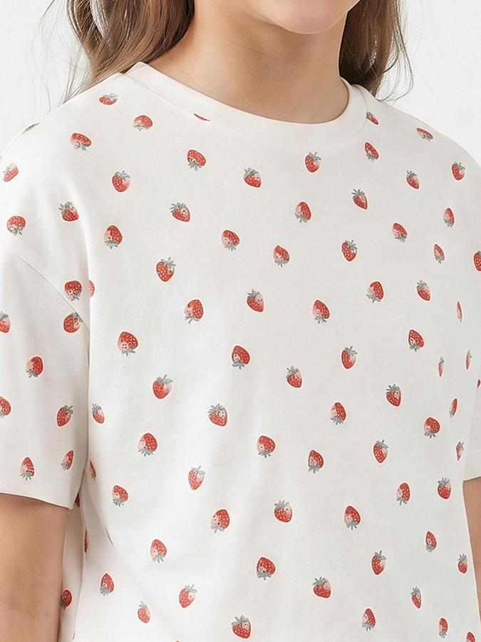 R&B Girls Off White Printed Round Neck Short Sleeves Pure Cotton T-shirt &amp; Pyjamas Set