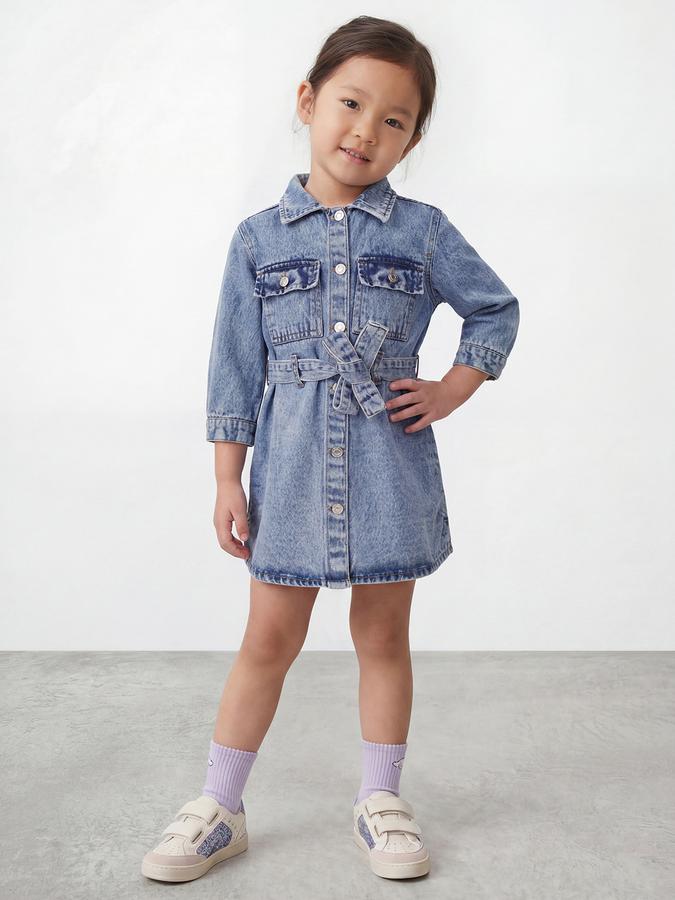 R&B Girl Blue Solid Pure Cotton Short Sleeves Denim Shirt Dress