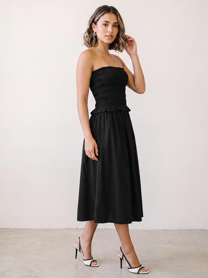 R&B Women Black Solid Smocked Strapless Bandeau Dress