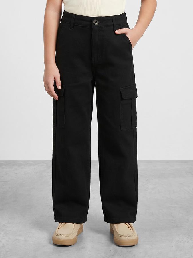 R&B Girls Black Wide Leg Solid Mid-Rise Cotton Trouser