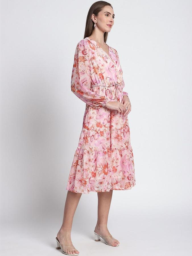 R&B Women Red Floral Long Sleeves V-Neck Midi A-Line Dress