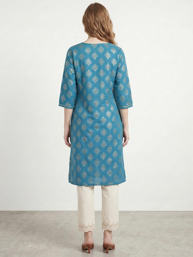 R&B Women's Teal Green Embroidered Viscose Round Neck Kurta