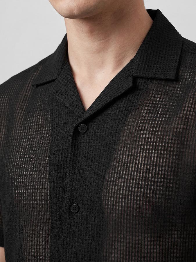 R&B Black Textured Men Cuban Collar Short Sleeves Shirt