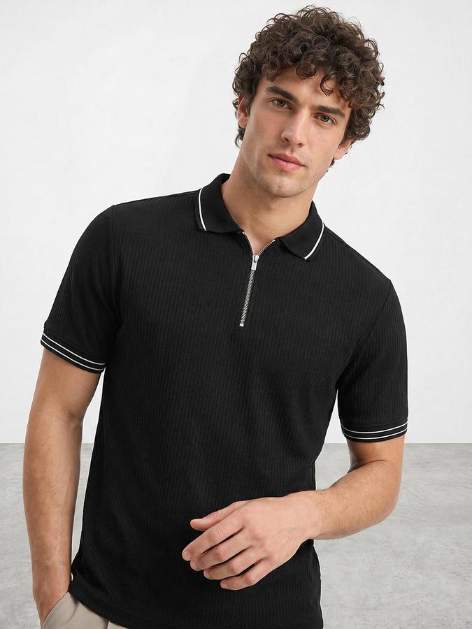 R&B Men Black Ribbed Short Sleeves Polo Tshirt