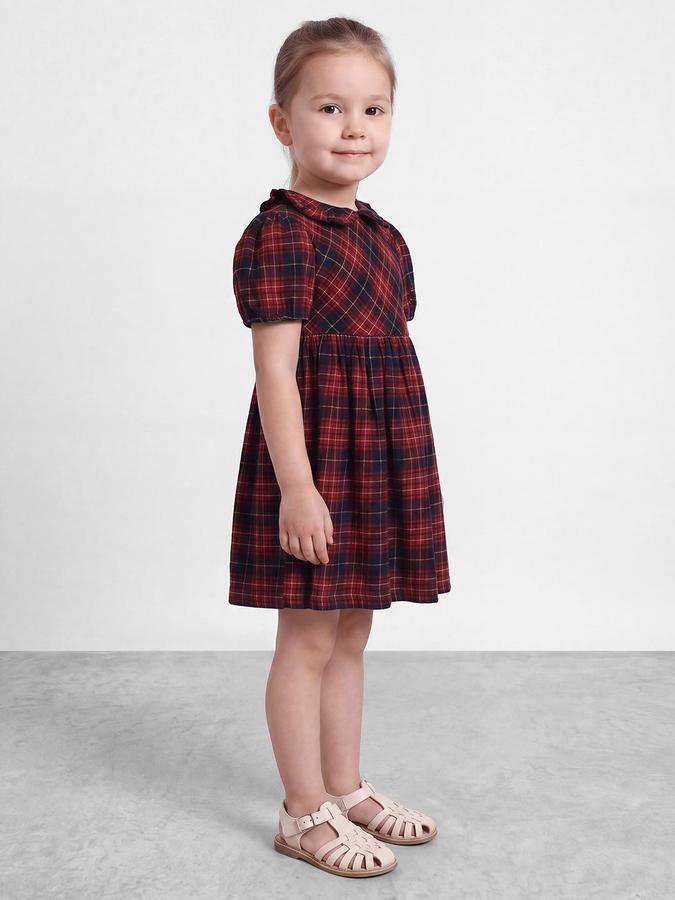 R&B Girls Red Checked Peter Pan Collar Puff Sleeves Fit and Flare Dress
