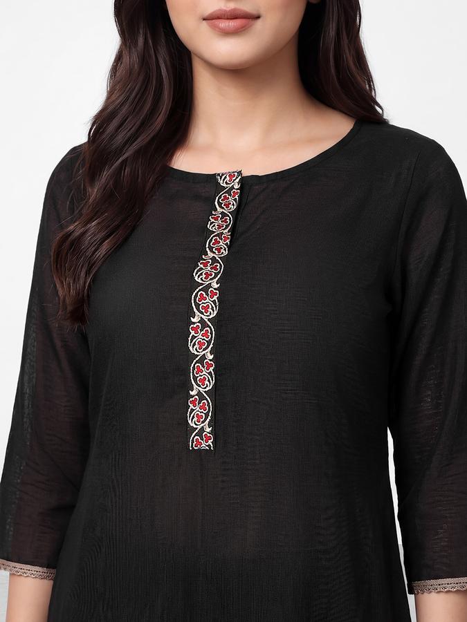 R&B Womens Black Three-Quarter Sleeves Round Neck Floral Embroidery Straight Kurta
