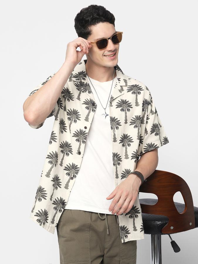 Men Linen Blend Relaxed Fit Cuban Collar Printed Shirt