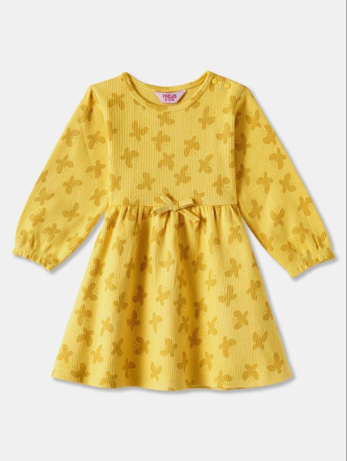 R&B Yellow Floral Printed Girls Long Sleeves Dress