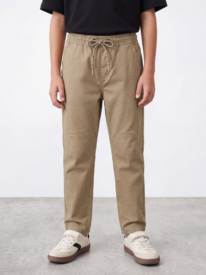 R&B Boys Beige Solid Regular Fit Mid Rise Trousers