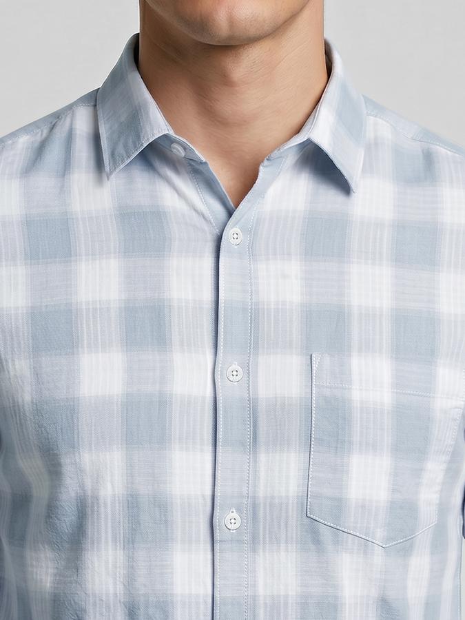 R&B Blue Checked Men Spread Collar Long Sleeves Shirt